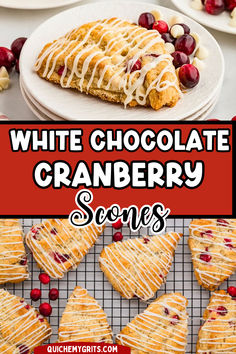 white chocolate cranberry scones on a wire baking rack.