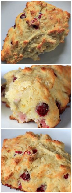 three different pictures of biscuits with cranberries on them