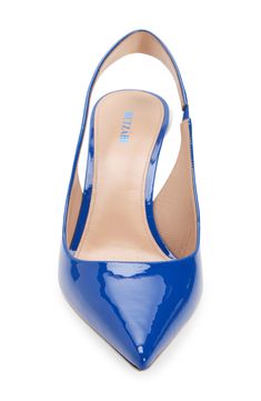 Simple and sleek, this slingback pump is crafted from glossy patent leather with a pointy toe and sculptural pedestal heel. 2 1/2" (65mm) heel Elasticized slingback strap Leather upper, lining and sole Made in Italy Designer Shoes Hispanic & Latinx Owned/Founded Luxury Blue Pointed Toe Slingback Pumps, Blue Pointed Toe Slingback Pumps Luxury, Modern Glossy Slingback Pumps For Party, Sleek Slingback Heels With Glossy Finish, Blue Slingback Pumps With Sculpted Heel, Slingback Patent Leather Heels With Glossy Finish, Slingback Pump, Women's Pumps, Designer Shoes