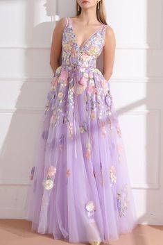 Purple Prom Dress Aesthetic, Aliexpress Dresses, Lavender Dress, Long Cocktail Dress, Neck Embroidery, Floral Corset, Lavender Dresses, Lavender Floral, Embroidery Floral