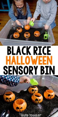 two children playing with black rice halloween sensory bins