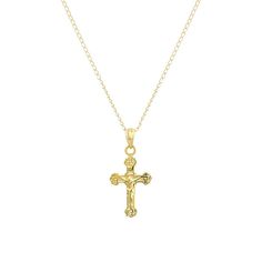 Give her jewelry box an elegant refresh with this 14k gold Charming Girl crucifix pendant necklace. Click on this JEWELRY & WATCHES GUIDE to learn about fit, styles, materials and more! Give her jewelry box an elegant refresh with this 14k gold Charming Girl crucifix pendant necklace. Click on this JEWELRY & WATCHES GUIDE to learn about fit, styles, materials and more! FEATURES Pendant dimensions: 0.7 in. x 0.4 in. Chain length: 15 in. Chain type: curb Clasp: spring-ring Nickel free Metal: 14k g Yellow Gold Cross Pendant Necklace For First Communion, 14k Gold Cross Pendant Necklace For First Communion, Yellow Gold Cross Necklace For First Communion, Classic Crucifix Jewelry For First Communion, Yellow Gold Crucifix Jewelry For First Communion, Vintage Cross Necklace, Necklace Cross, Girls Jewelry, Spring Rings