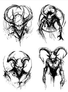 four black and white drawings of demon heads