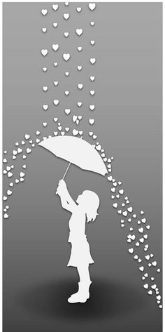 the silhouette of a girl holding an umbrella with hearts coming out of it and falling down on her