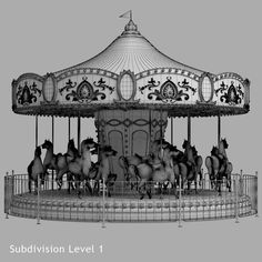 a black and white photo of a merry go round with four horses on it's sides