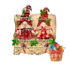 two gnomes sitting on top of a wooden bench with christmas decorations and gifts in front of them