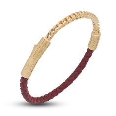 Dazzling woven red leather cord abuts striking foxtail links in this incredible men's bracelet from Marco Dal Maso. Fashioned in 18K yellow gold-plated sterling silver, the 8-inch bracelet secures in place with a fancy clasp. Yellow Gold Leather Bracelet As Gift, Yellow Gold Leather Bracelet Gift, Yellow Gold Leather Bracelets For Gift, Formal Yellow Gold Leather Bracelets, Luxury Gold Leather Bracelet With Gold Clasp, Luxury Yellow Gold Braided Bracelets For Gifts, Luxury Yellow Gold Braided Bracelet As A Gift, Luxury Yellow Gold Braided Bracelet For Gift, Luxury Gold Leather Bracelets