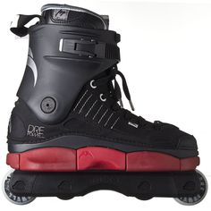 a pair of black and red roller skates