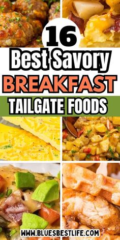 A collection of breakfast food ideas for an early morning football tailgate.