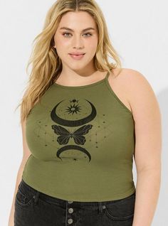 FIT Model is 5'10” wearing size 1. . Measures 21” from shoulder (size 2). MATERIALS + CARE Cotton-modal blend ribbed knit fabric. 57% cotton, 38% modal,5% spandex. Machine wash cold. Tumble dry low. . Imported. DETAILS High halter neckline. Sleeveless. Butterfly and moon symbol graphic. . . The best plus size women's celestial fitted rib high neck cropped cami sleep bralettes in olivine made of cottonmodalrib. These comfy pajamas will be your favorite PJs to sleep in or lounge around. Moon Symbol, Disney Leggings, Shoes For Leggings, Pajamas Comfy, Cropped Cami, Halter Neckline, Women Crop, Trendy Fashion, Ribbed Knit