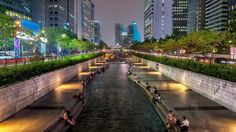 people are sitting on benches along the water in a city at night time with tall buildings behind them