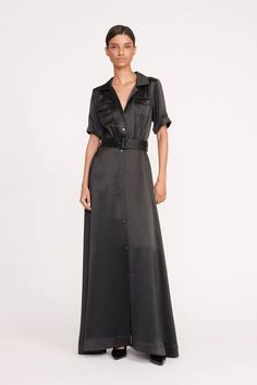 The Millie has been updated in satin for our Holiday collection. This dress features two front pockets, a button down front and matching belt. Shirt Dress Maxi, Staud Dress, Satin Shirt Dress, Milly Dress, Black Satin Dress, Maxi Shirt Dress, Satin Shirt, Dress Maxi, Long Shorts