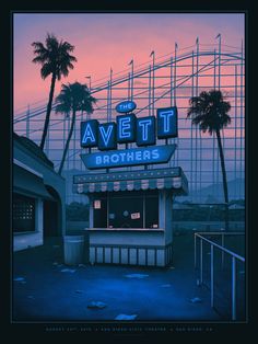 an advertisement for the avet brothers featuring palm trees in front of a neon sign