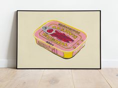 an art print of a pink canned food can with the words, andy's original on it