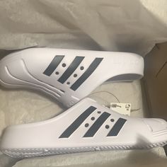 Newnew Adidas Clog New In Box White With Black Lines Size 8 Mens / 9 Womens New With Tags And Box, Super Comfortable Slide On Shoe, Can Add Crocs Charms To Shoe Womens Soccer Cleats, Adidas Sleek, Crocs Charms, White Clogs, Rubber Clogs, Mens Clogs, Adidas Cloudfoam, Adidas Adilette, Adidas Originals Women