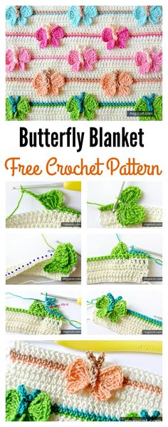 crochet butterfly blanket is shown with the instructions to make it look like they have been