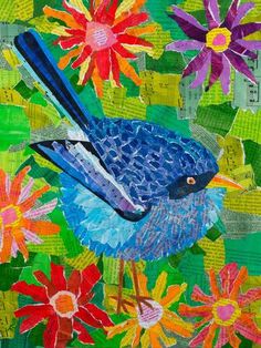 a painting of a blue bird surrounded by flowers