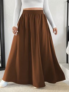 Plus Size Elastic Waist Super A-Line Skirt Brown Casual   Woven Fabric Plain Flared Non-Stretch  Women Plus Clothing, size features are:Bust: ,Length: ,Sleeve Length: Long Skirts Plus Size, Flare Skirt Outfit, Plain Skirt, Holiday Skirts, Skirts Long, Rock Outfit, Full Length Skirts, Brown Outfit, Winter Skirt