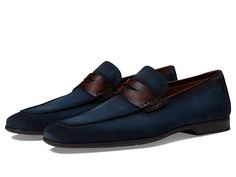 Magnanni Ramiro II - Men's Slip on  Shoes : Navy/Mid Brown : For all Magnanni footwear, the brand suggests sizing down a half size for the best fit. , Look dapper sporting the Magnanni Ramiro II Loafers, perfect to complete your casual or formal looks. Leather upper, lining, and insole. Slip-on style. Classic moc toe silhouette. Rubber sole provides additional cushioning and flexibility. Made in Spain. Measurements: Heel Height: 3 4 in Weight: 13.25 oz Product measurements were taken using size Formal Loafers With Leather Trim And Round Toe, Formal Leather Loafers With Leather Trim, Magnanni Shoes Men, Semi-formal Suede Wingtip Loafers, Navy Slip-on Leather Loafers, Masculine Slip-on Formal Loafers, Navy Suede Slip-on Loafers, Luxury Masculine Slip-on Loafers, Mens Slip On Shoes