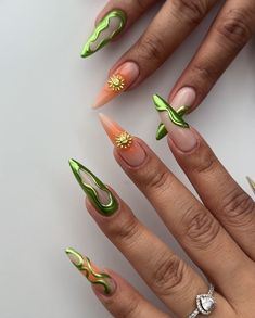 Italy Inspired Nails, Shrek Nails, Edgy Nails, Girly Acrylic Nails, Her Nails, Unique Acrylic Nails, Pink Nail