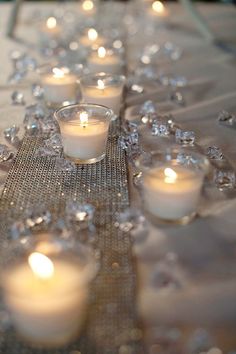 a collage of photos with candles, flowers and wedding decorations on it's table