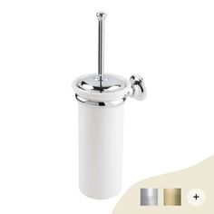 the toilet brush holder is white and chrome