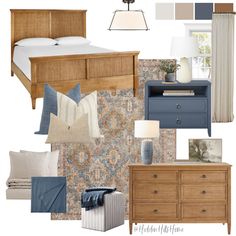 a bedroom with blue and beige accents, including a bed, dresser, nightstand, lamp,