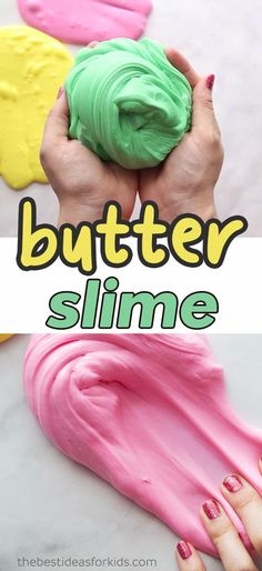 two hands holding colorful slime with the text butter slime on top and bottom