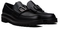 Buffed calfskin loafers in black. · Moc toe · Strap with logo hardware at vamp · Scalloped detailing at welt · Stacked leather midsole · Treaded rubber outsole Supplier color: Nero Valentino Black, Valentino Garavani, Calf Skin, Loafers, Women Wear, ? Logo, Leather, Black, Color