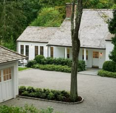 a white house surrounded by trees and shrubbery in front of it is a gravel driveway