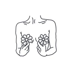 two hands holding flowers in the shape of a woman's torso, with one hand on