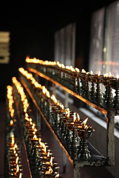 rows of candles are lit in the dark