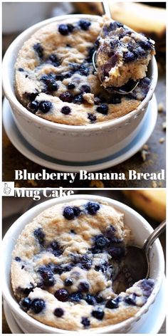 blueberry banana bread in a white bowl with a spoon and another photo showing the batter