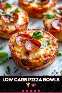 mini pizzas with pepperoni and basil on top are shown in this advertisement for low carb pizza bowls