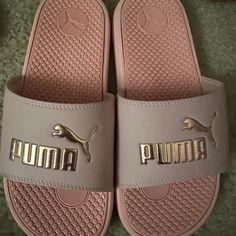 Brand New Puma Slides Pink With Rose Gold Cheap Pink Sports Slides, Puma Sandals Women, Puma Slides Women, Puma Slides, Pink Non-slip Sporty Slides, Pink Pumas, Nike Clothes Mens, Fashion Slippers, Disney Bag