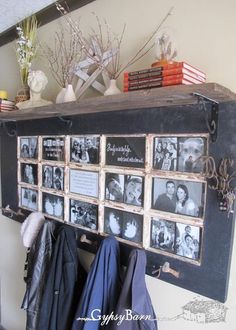 an old suitcase turned into a coat rack with pictures on the front and back sides