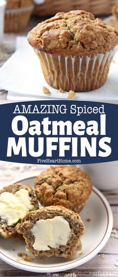 some muffins are sitting on a plate with cream cheese in them and the words amazing spiced oatmeal muffins