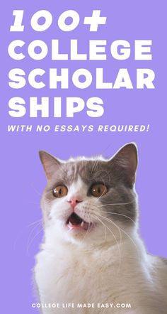 a cat with its mouth open and the words, 100 + college scholar ships with