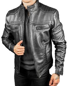 Men's Motorcycle Distressed Leather Jacket - Handmade Slim Fit Black Leather Biker Jacket Our handmade black distressed biker jacket that comes with slim fit pattern having four stylish pockets essential to go with any style either formal or party this jacket with give you 100% perfect look. This T-Shirt Collar Moto Leather Jacket makes you feel vintage. Whether to gift this motorcycle jacket to brother, husband, dad or anyone it would be a special gift for your loved ones. Make their special day more memorable with our hand stitch leather jackets. Browse our store for more genuine leather products. Fitted Black Cafe Racer Leather Jacket, Black Fitted Cafe Racer Leather Jacket, Casual Leather Motorcycle Jacket With Pockets, Black Moto Leather Jacket With Pockets, Fitted Moto Leather Jacket With Pockets, Moto Style Fitted Leather Jacket With Pockets, Fitted Leather Jacket With Pockets For Motorcycling, Fitted Biker Jacket With Pockets For Motorcycling, Fitted Leather Jacket With Pockets For Biker Events