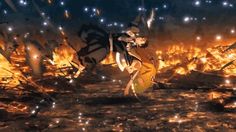 an animated image of a person standing in the middle of a fire with many lights