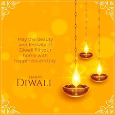 happy diwali greeting card with oil lamps and sparkles on an orange background