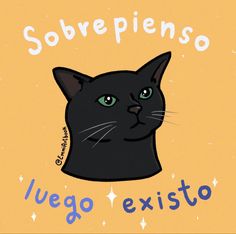 a black cat with green eyes and the words sobreepenso written in spanish