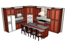 a drawing of a kitchen with wooden cabinets and an island table in the center is surrounded by four stools