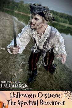 a man dressed as a pirate holding a knife and wearing a hat with the words halloween costume the special buccaner on it