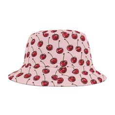 Important Note: Order before November 21st to arrive in time for Christmas! This bucket hat features a fun Cherry Pattern to inspire joy and happiness. Made from soft and durable polyester, our Bucket Hats make for some delightful cozy style.    Easy to wash and clean, these Pink With Red Cherries Pattern Bucket Hats are simply a great style choice. 🌙 Materials: 100% Polyester 🌙 Choose between 2 Sizes. 🌙 Choose between White or Black Stitches. 🌙 Made in the USA! 🌙 Design by CozyStarlight. P Rave Hats, Spring Hat, Cherry Pattern, Spring Hats, Usa Design, Cozy Style, Hat Summer, Summer Hat, Bucket Hats