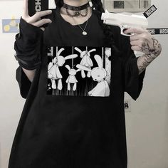 Woman tshirts y2k harajuku goth anime Rabbit graphic 2021 summer print round neck loose short sleeves plus size clothing Tees on Storenvy Gothic Clothes Women, Goth T Shirt, Kidcore Outfit, Goth Tshirt, Anime Rabbit, Anime Clothing Store, Emo Outfit, Goth Anime, Harajuku Goth