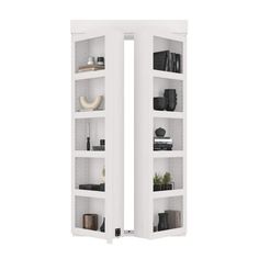 an open white cabinet with shelves on both sides