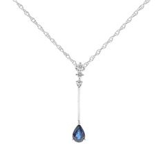 A pear-shaped blue sapphire gemstone drips from three round brilliant cut diamond accents crafting this blue sapphire drop pendant in 10K white gold. Blue Sapphire’s vivid yet calming beauty tops the list of colored gemstones for an elegant accessory with a regal personality. | Blue Sapphire Drop Pendant Necklace with Diamond Accents | 10K White Gold | Size 18" | Helzberg Diamonds Sapphire Necklace Simple, Blue Diamond Necklace, Sapphire Diamond Necklace, Diamond Drop Necklace, Blue Pendant Necklace, Neck Pieces Jewelry, Necklace With Diamond, Sapphire Necklace Pendants, Tanzanite Necklace