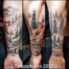 this is an image of a man's arm with trees and animals on it