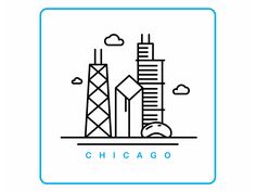 the chicago skyline is shown in black and white, with blue trimmings on it